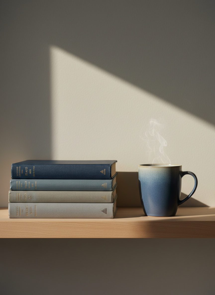 A beautifully arranged stack of classic philosophical books, bound in grey and navy cloth, rests next to a tasteful ceramic mug with a satin finish and subtle slate-blue glaze. The books show slight wear at the corners, suggesting frequent reading and intellectual curiosity. The setting is a minimalist wooden shelf, with delicate shadows stretching across a cool neutral wall in gentle, diffused afternoon light. The composition uses the rule of thirds, focusing on elegance and understated detail. The mood is serene and quietly sophisticated, reflecting the thoughtful tone of a single dad’s reflective blog. Photographic realism and a refined, muted color palette convey a timeless, contemplative atmosphere.