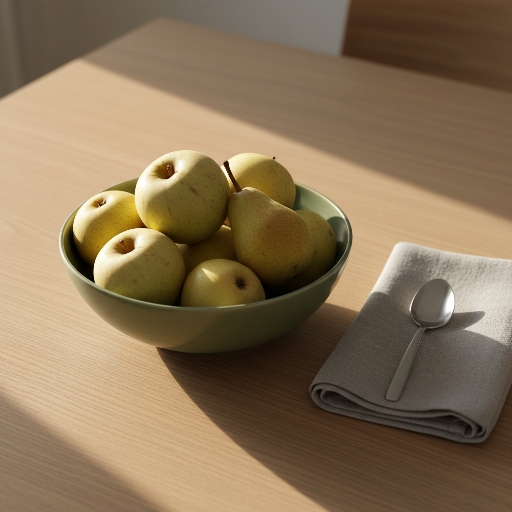 A sage green ceramic bowl filled with fresh, hand-picked fruit—muted apples and pears with pale, matte skins—rests on a smooth, light ash dining table. Next to it, a folded, linen napkin in dove grey and a small polished stainless spoon add a touch of understated sophistication. The soft golden hour light enters from the side, casting gentle, elongated shadows and highlighting the natural curves and textures of the fruit. The composition shows minimalist elegance, captured at table-height from a diagonal angle, exuding a quiet, nurturing mood perfectly suited to a blog about daily single fatherhood. Photographic realism and subtle gradients enhance the refined atmosphere.