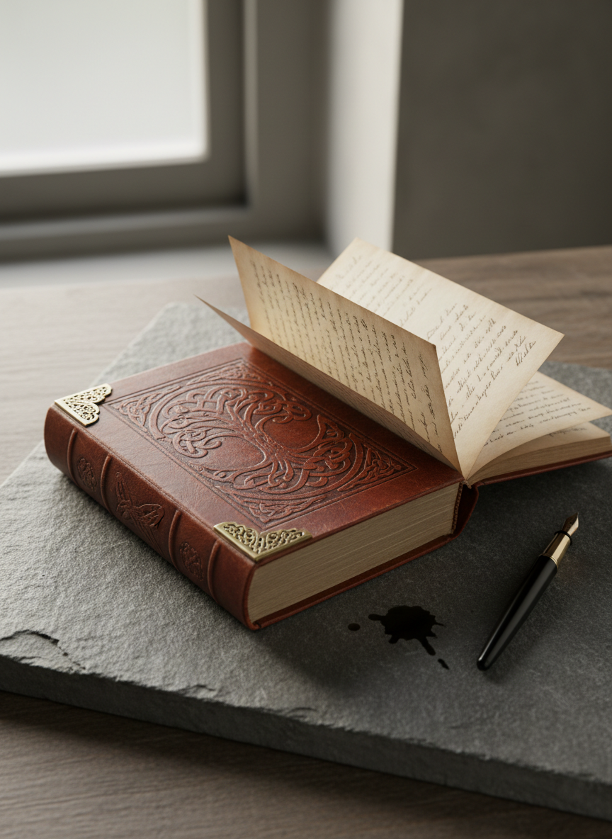 A vintage leather-bound journal with a finely embossed cover and brass corner details rests delicately atop a cool slate-gray stone desk. The journal’s pages are softly curled, revealing faint handwritten notes along the edges, hinting at introspective thoughts and philosophical musings. It is set near a matte black fountain pen, with subtle ink stains on the desk adding authenticity. Gentle morning light filters through a frosted window, creating a muted palette across the scene, with soft gradients accentuating the natural textures of the leather and stone. The atmosphere feels contemplative and introspective, evoking a sense of private reflection. Captured from a slightly elevated angle with a minimalist, photographic realism that aligns with a sophisticated, opinion-focused blog.