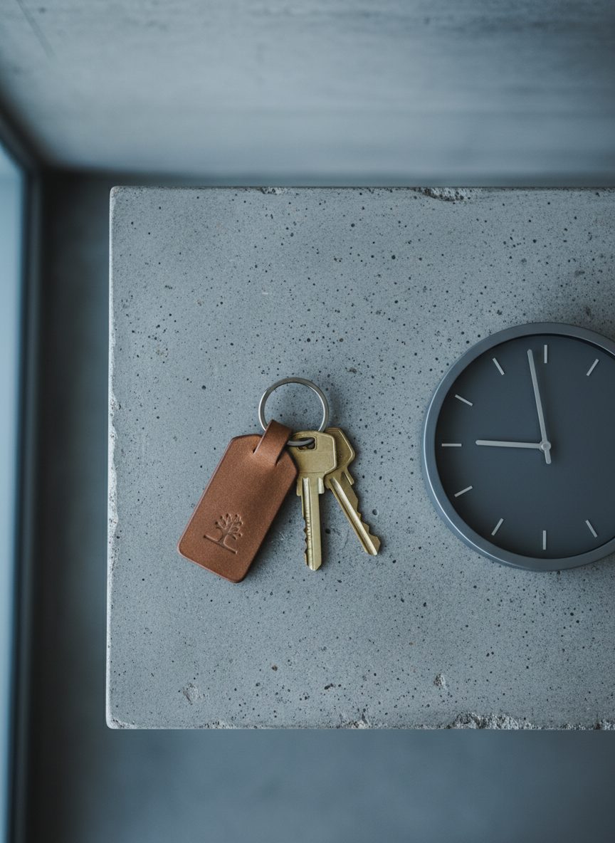 A single set of house keys with a simple, brushed-steel key ring and a modest leather fob sits alone on a textured concrete entryway table. Alongside, a clean-lined minimalist analog clock with a subtle charcoal face marks the early evening hour, introducing an ambiance of routine and quiet responsibility. The space is softly illuminated by cool overcast window light, creating gradients of grey and hints of blue. The composition is balanced yet sparse, captured from an overhead, centered perspective. This image communicates the everyday reliability and quiet resilience of a single parent, using refined, photographic detail and elegant, minimalist style.